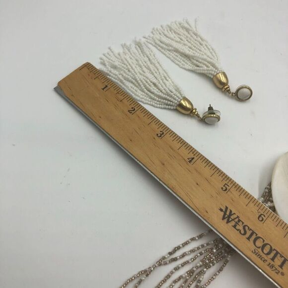 White Shell Beaded Necklace and White Beaded Dangling Pierced Earring Set - Picture 10 of 12